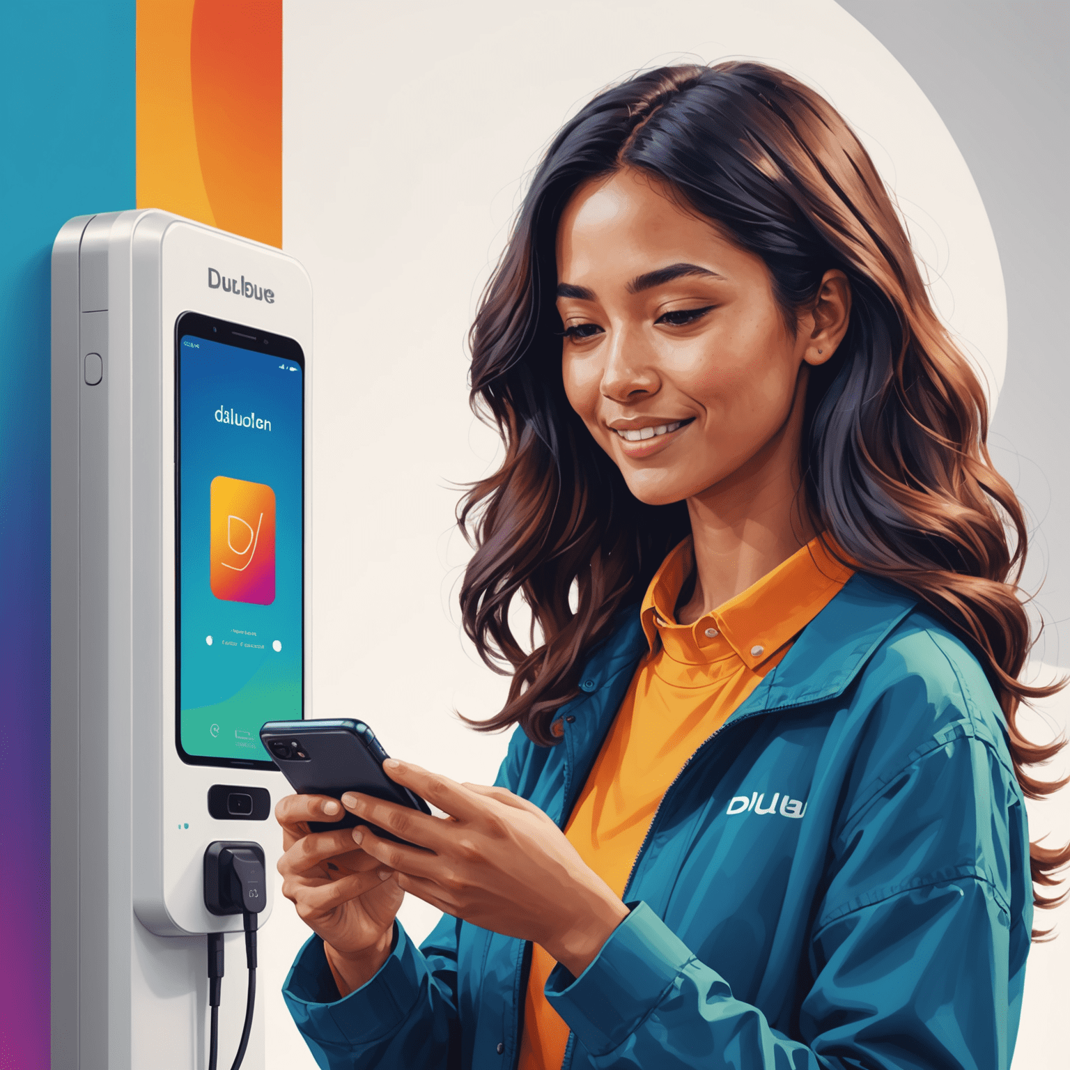 Illustration of a person using a smartphone to recharge their du mobile account, with flowing animations and vibrant colors representing the ease of use
