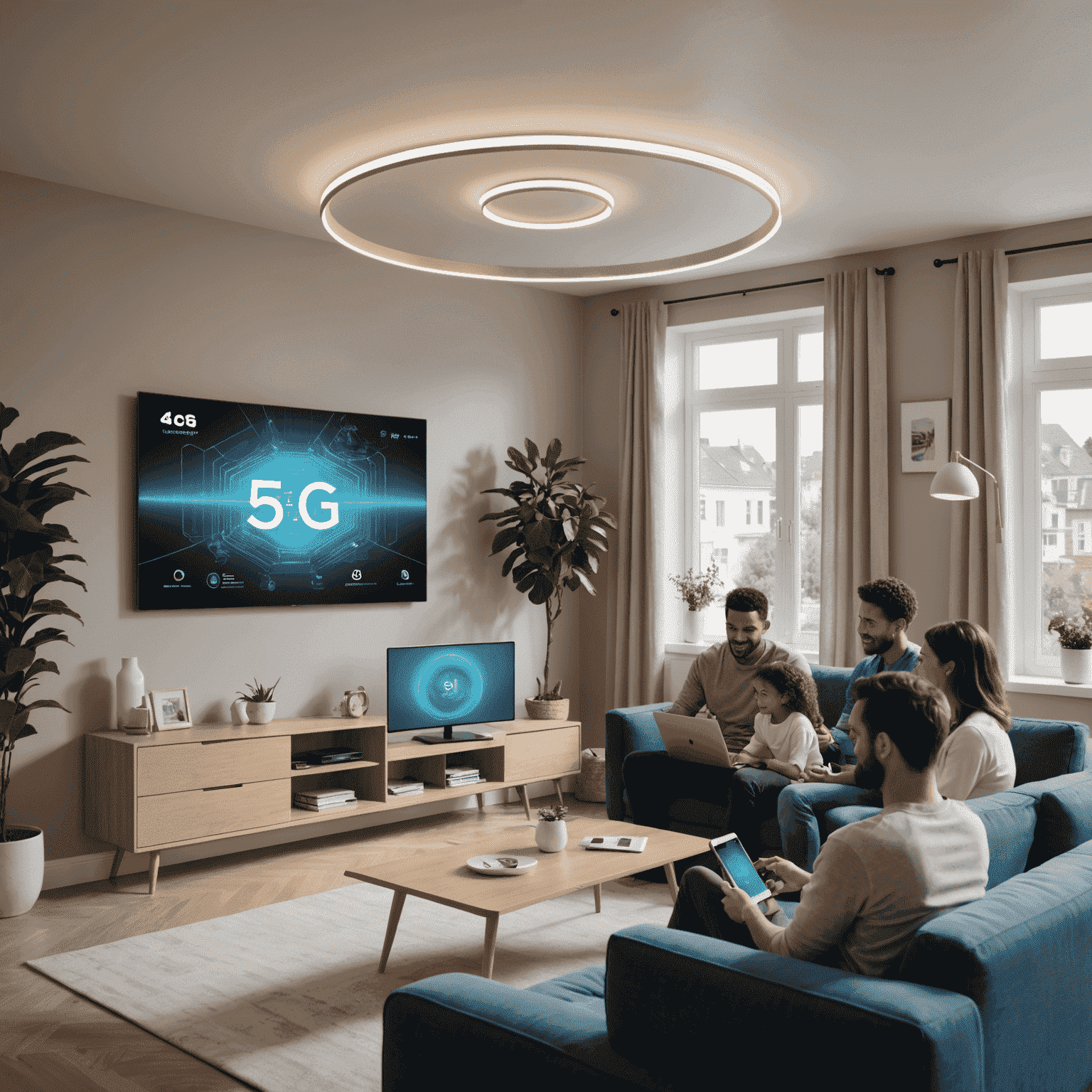 A modern living room with a family using various devices connected to 5G home internet. A du-branded router is visible in the foreground, emitting illustrated 5G waves.