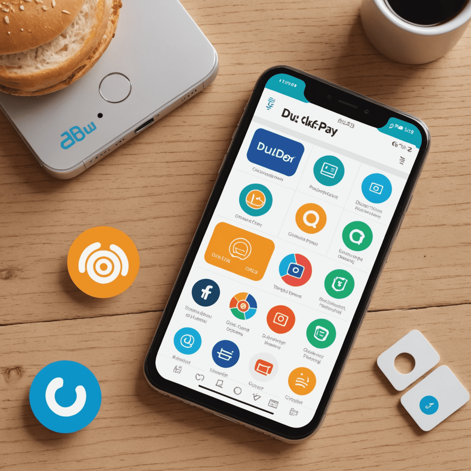 Illustration of a smartphone with du Quick Pay app open, showing new feature icons floating around it