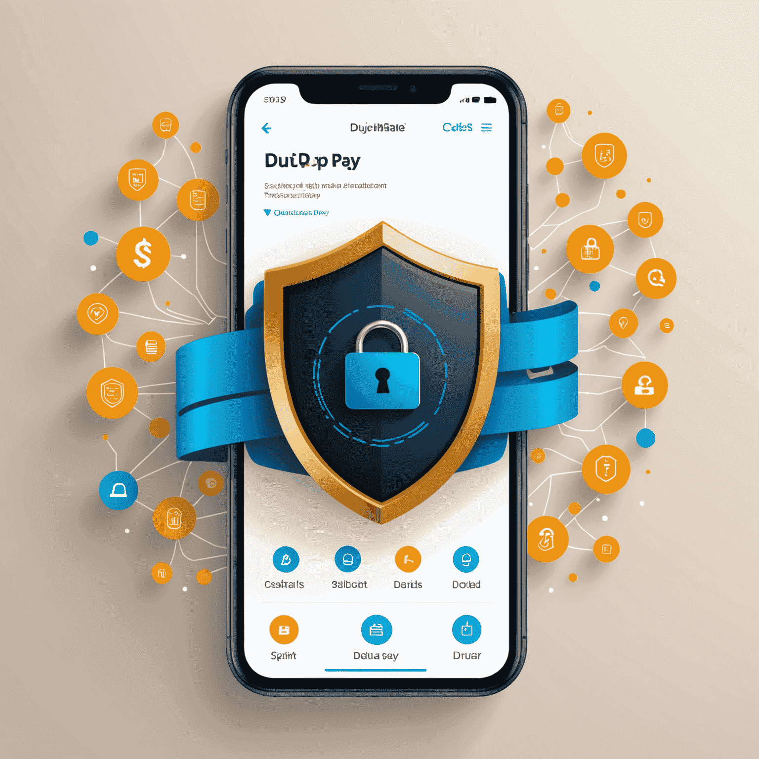Illustration of a secure mobile transaction on du Quick Pay, showing a shield icon, padlock, and flowing data streams in du's brand colors