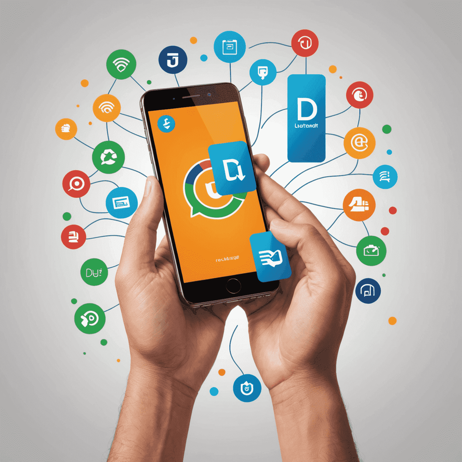 Illustration of a hand holding a smartphone with du logo and recharge symbols floating around it, representing instant mobile top-up service