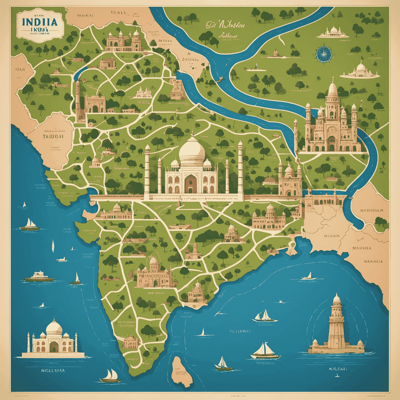 Map of India with iconic landmarks like Taj Mahal and Gateway of India