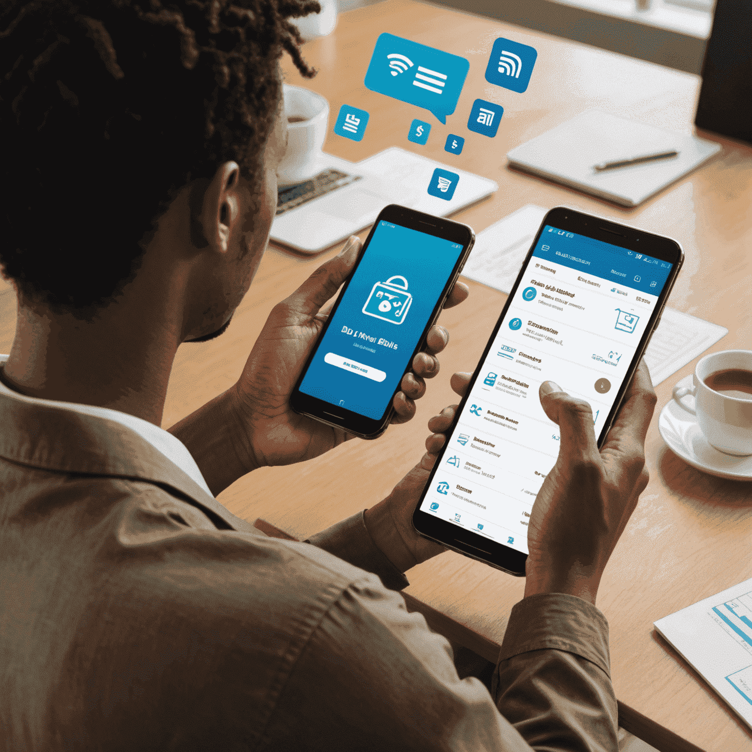 Illustration of a person using a smartphone to pay bills online, with du logo and payment icons floating around