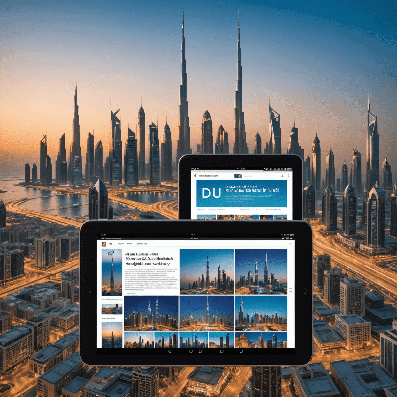 A collage of mobile devices displaying various du services and news headlines, with UAE skyline in the background