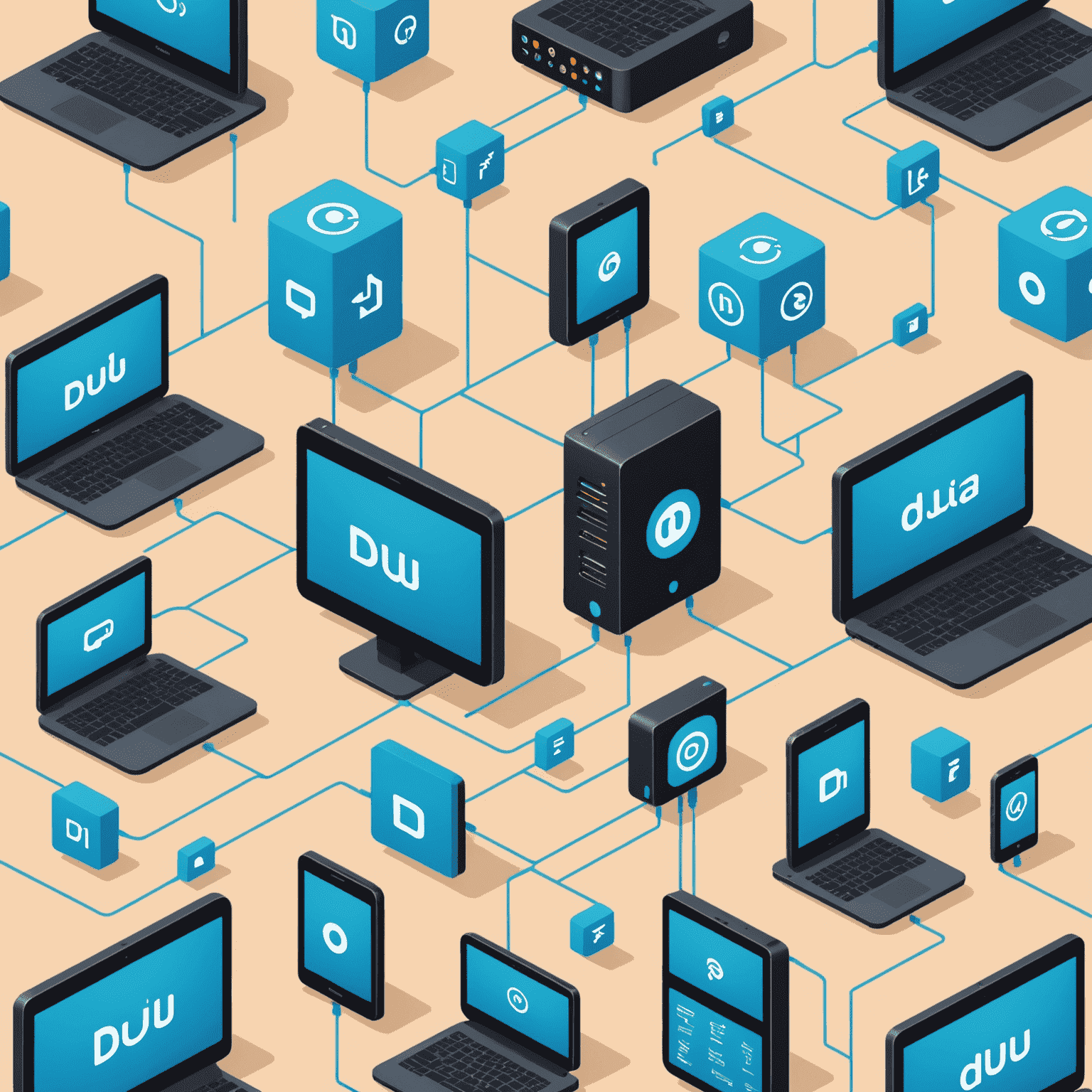 Illustration showing multiple devices connected to a central du data package icon, with streaming and browsing symbols