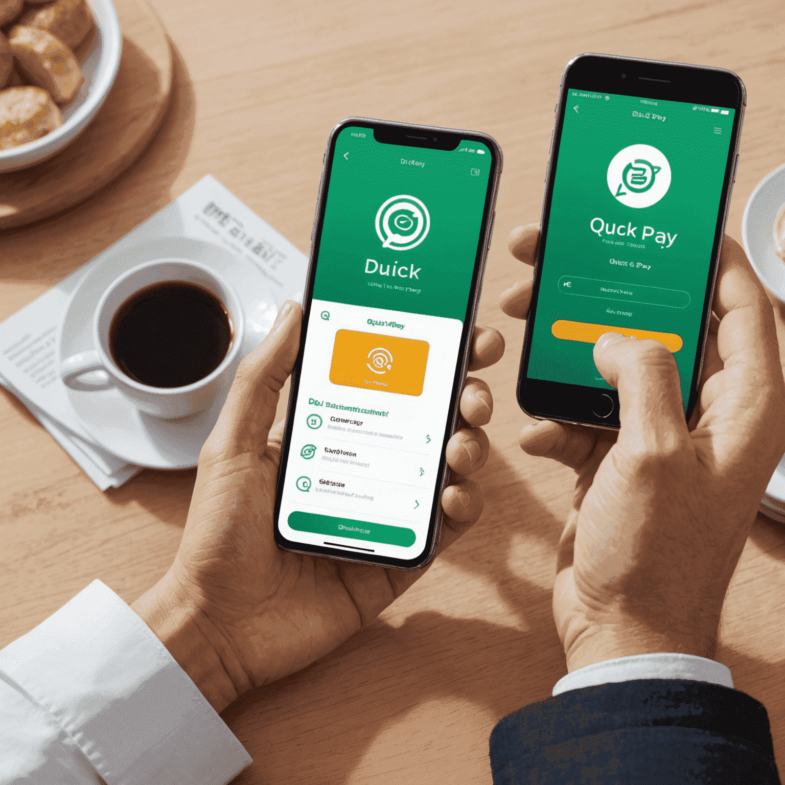 An illustration showcasing new du Quick Pay features with animated icons and a smartphone interface