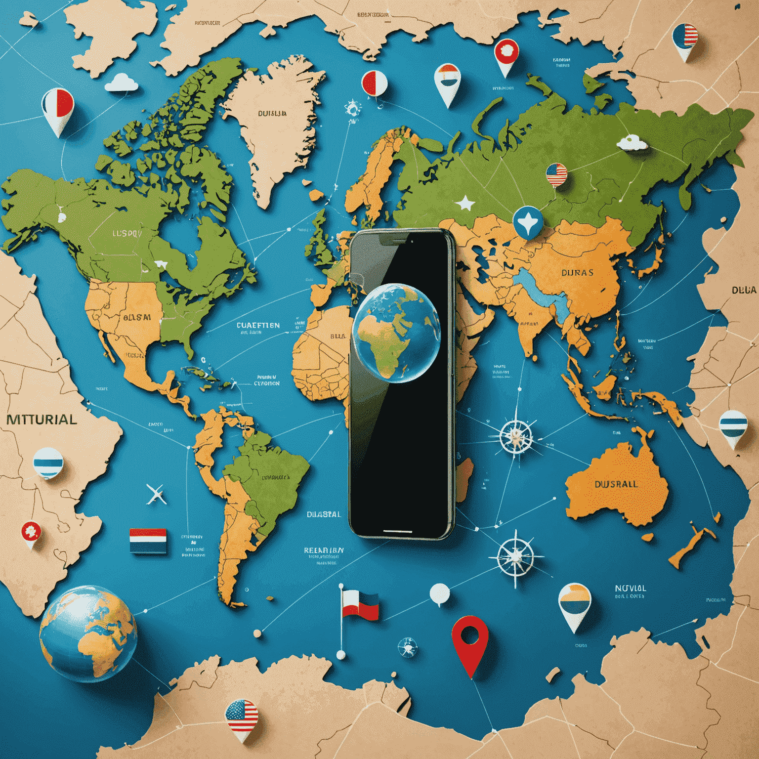 Global map with phone icons connecting different countries, showcasing du's international calling service