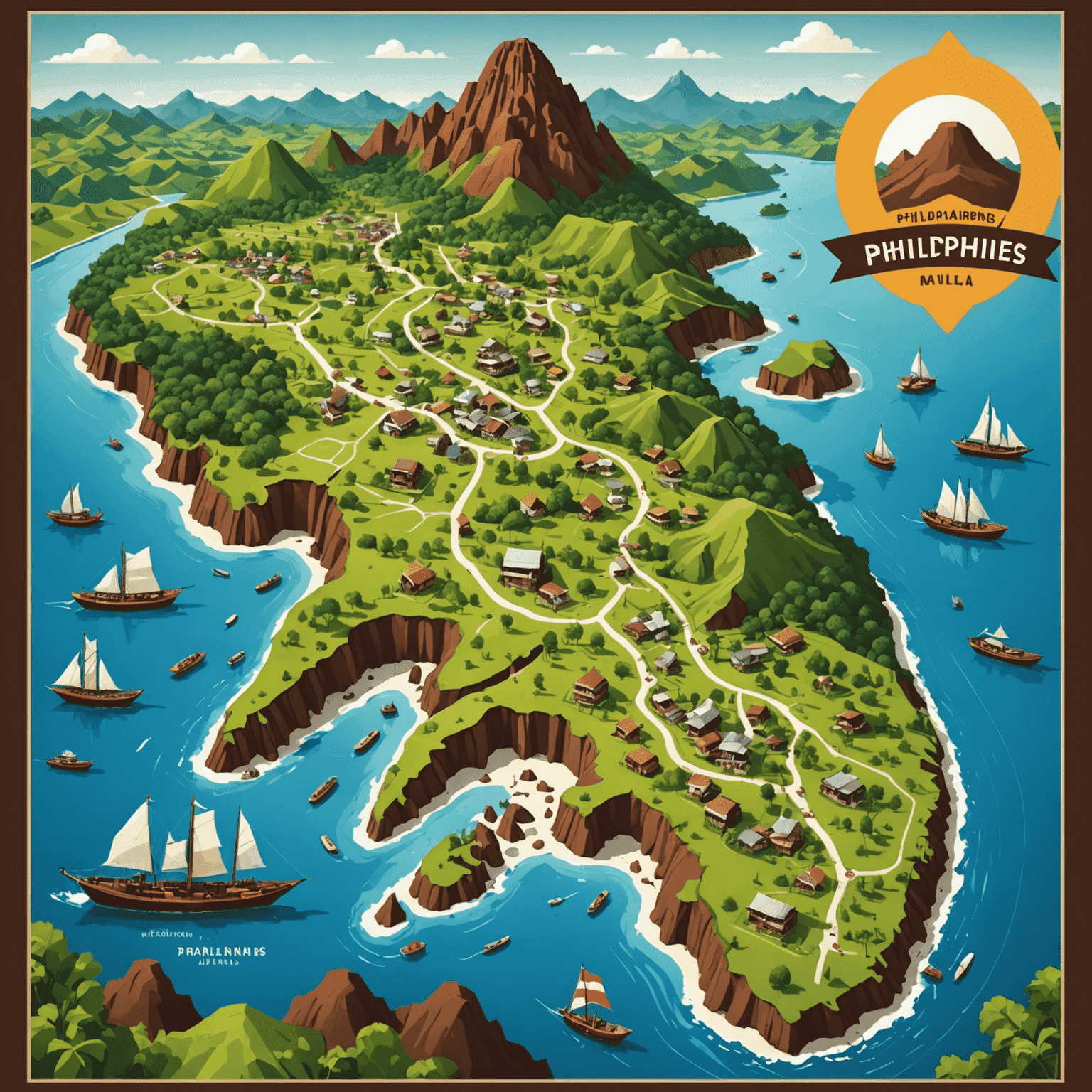 Map of Philippines with images of Manila skyline and Chocolate Hills