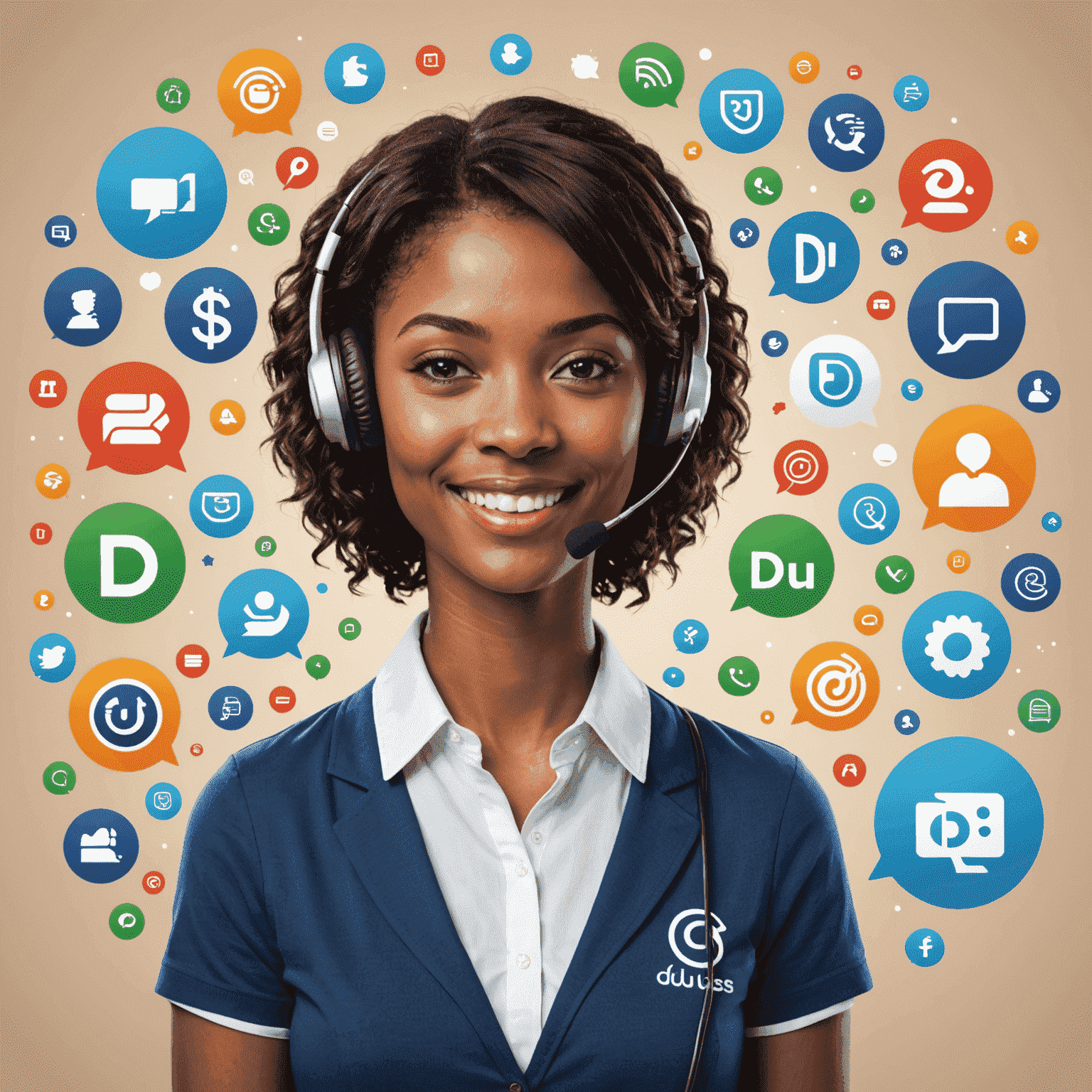 Friendly customer support representative with du logo, surrounded by various communication icons